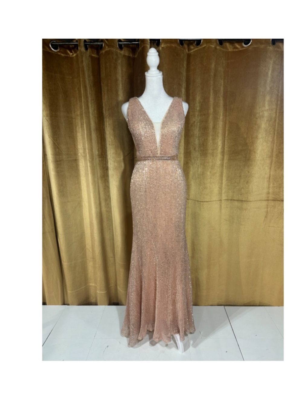 Camille La Vie Rose Gold Sequin Deep V Evening Gown